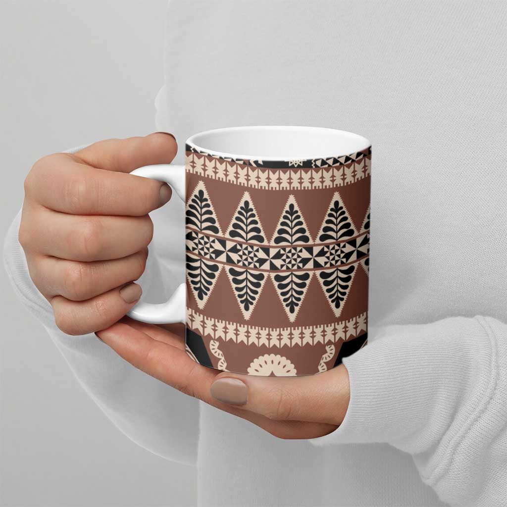 Vintage Bula Fiji Ceramic Mug Brown Tapa Masi Motif - Polynesian Pride
