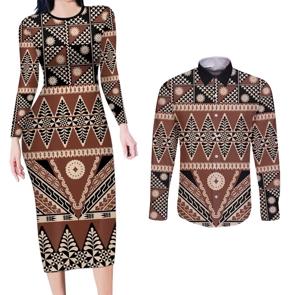 Vintage Bula Fiji Couples Matching Long Sleeve Bodycon Dress and Long Sleeve Button Shirt Brown Tapa Masi Motif
