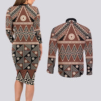 Vintage Bula Fiji Couples Matching Long Sleeve Bodycon Dress and Long Sleeve Button Shirt Brown Tapa Masi Motif