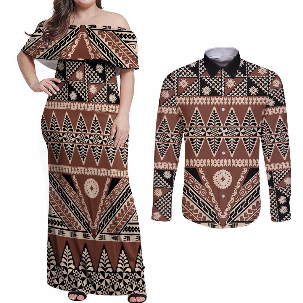 Vintage Bula Fiji Couples Matching Off Shoulder Maxi Dress and Long Sleeve Button Shirt Brown Tapa Masi Motif