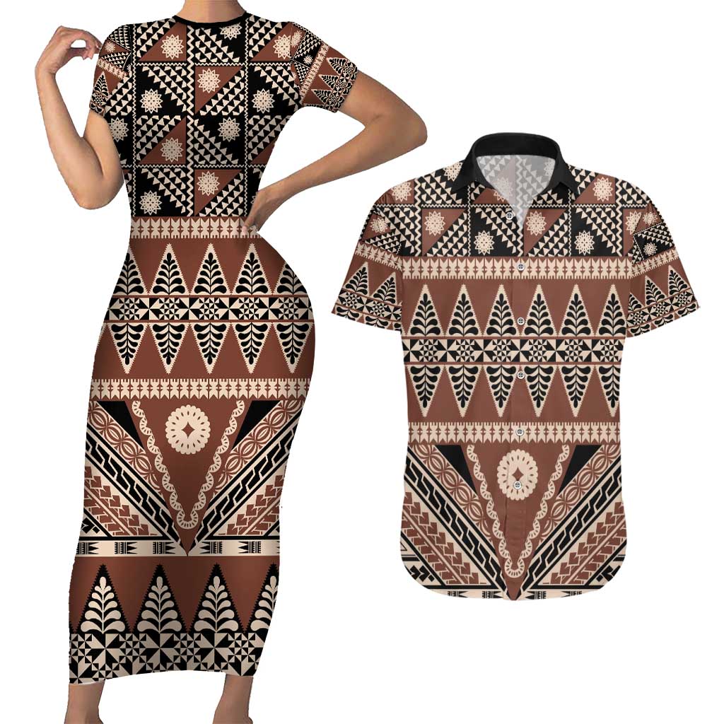 Vintage Bula Fiji Couples Matching Short Sleeve Bodycon Dress and Hawaiian Shirt Brown Tapa Masi Motif