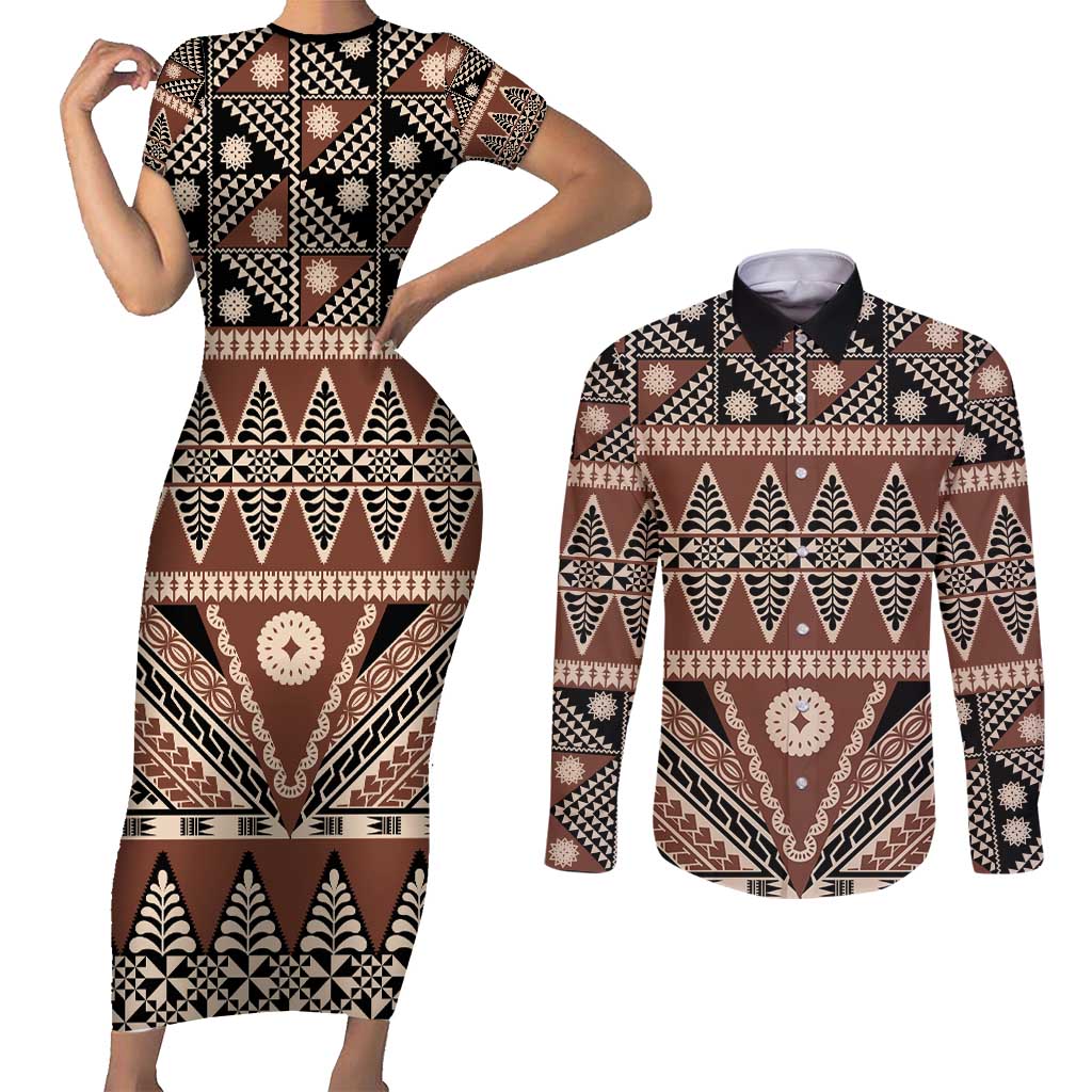 Vintage Bula Fiji Couples Matching Short Sleeve Bodycon Dress and Long Sleeve Button Shirt Brown Tapa Masi Motif