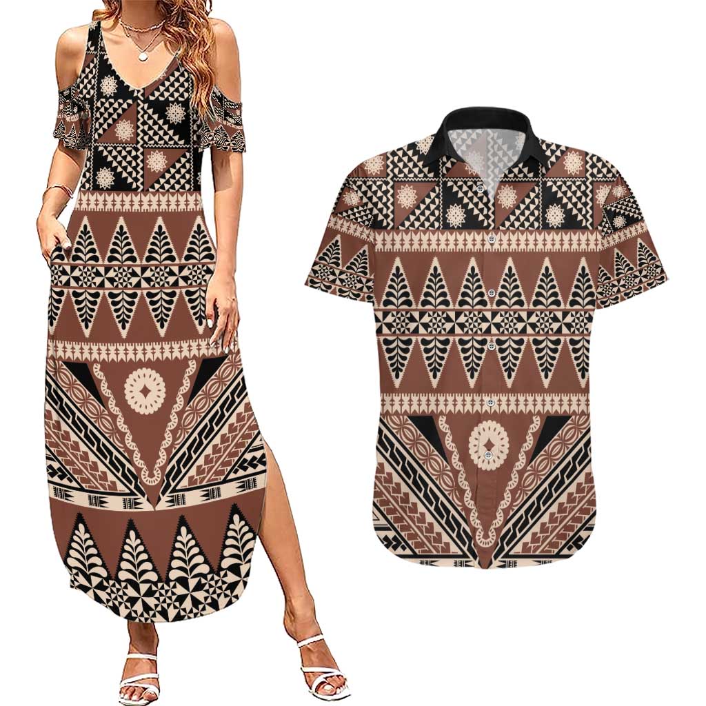 Vintage Bula Fiji Couples Matching Summer Maxi Dress and Hawaiian Shirt Brown Tapa Masi Motif