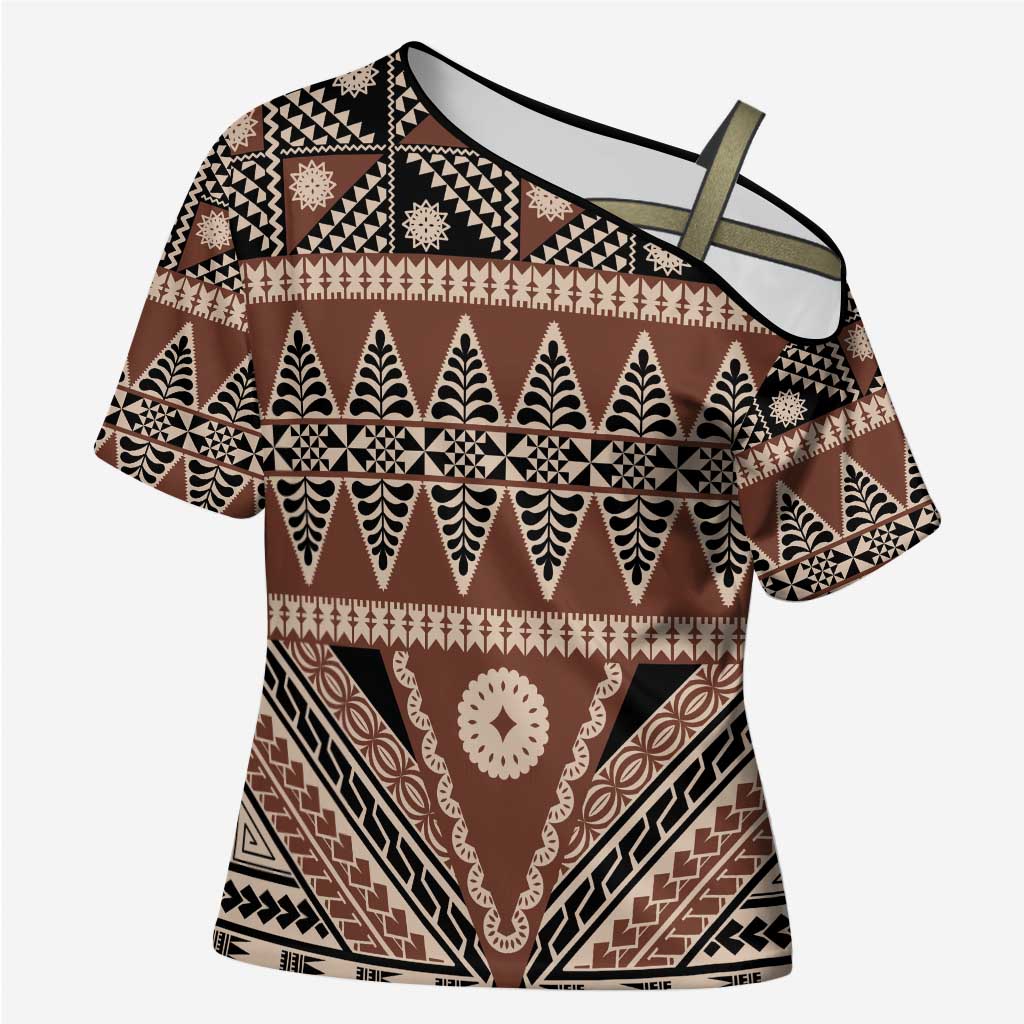 Vintage Bula Fiji Cross Shoulder Shirt Brown Tapa Masi Motif - Polynesian Pride