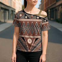 Vintage Bula Fiji Cross Shoulder Shirt Brown Tapa Masi Motif - Polynesian Pride
