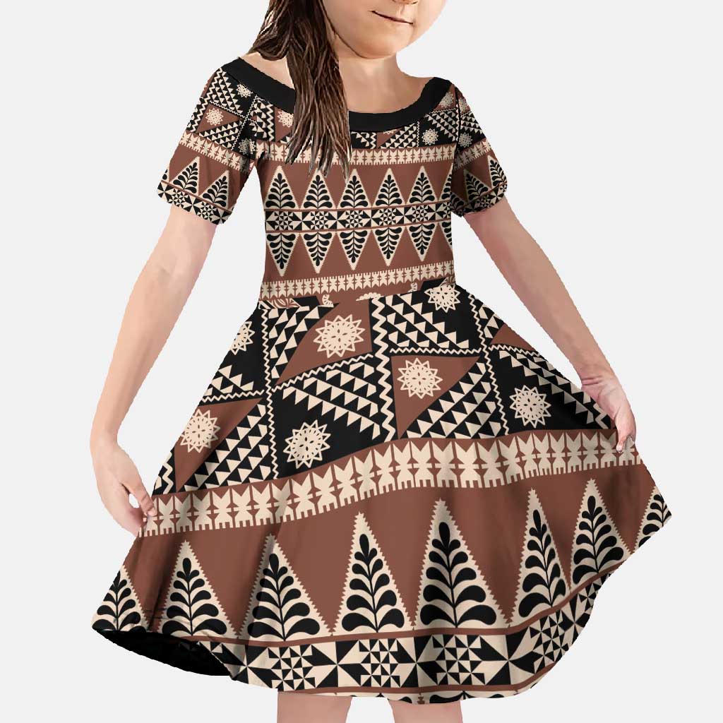 Vintage Bula Fiji Family Matching Long Sleeve Bodycon Dress and Hawaiian Shirt Brown Tapa Masi Motif