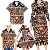 Vintage Bula Fiji Family Matching Long Sleeve Bodycon Dress and Hawaiian Shirt Brown Tapa Masi Motif