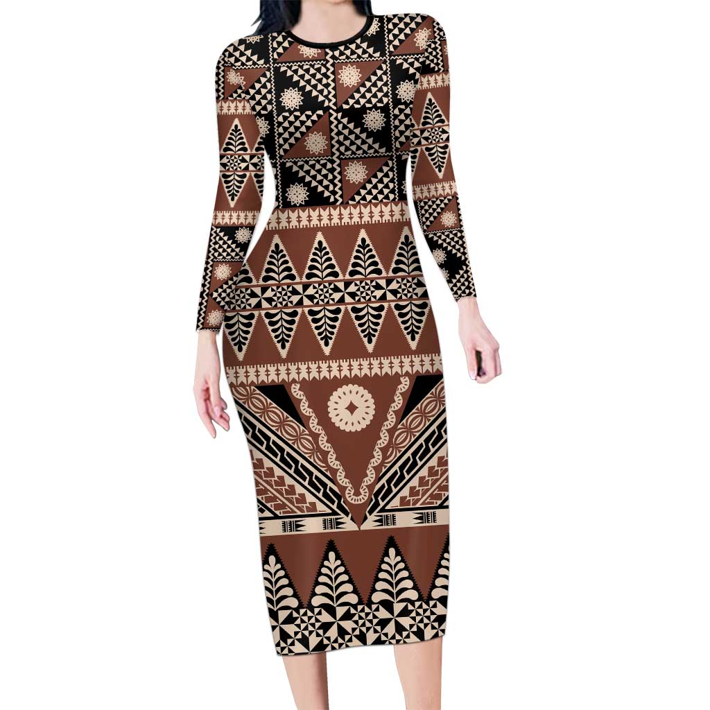 Vintage Bula Fiji Family Matching Long Sleeve Bodycon Dress and Hawaiian Shirt Brown Tapa Masi Motif