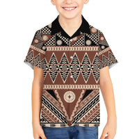 Vintage Bula Fiji Family Matching Off Shoulder Short Dress and Hawaiian Shirt Brown Tapa Masi Motif