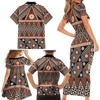 Vintage Bula Fiji Family Matching Short Sleeve Bodycon Dress and Hawaiian Shirt Brown Tapa Masi Motif