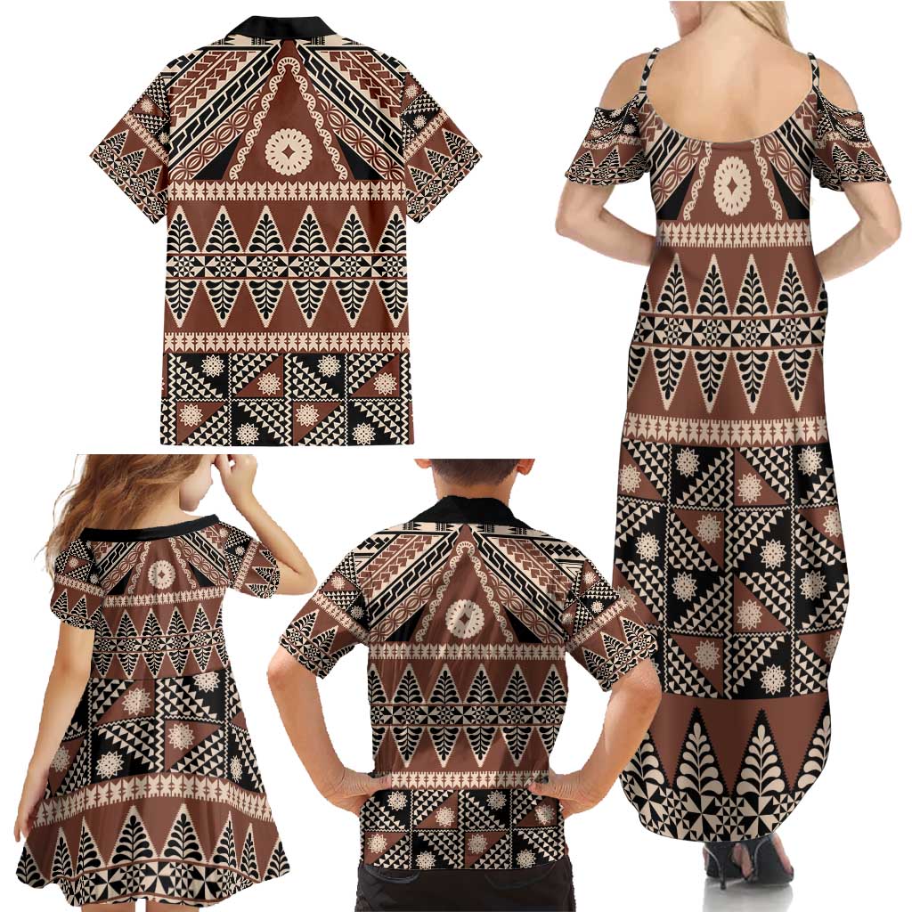 Vintage Bula Fiji Family Matching Summer Maxi Dress and Hawaiian Shirt Brown Tapa Masi Motif