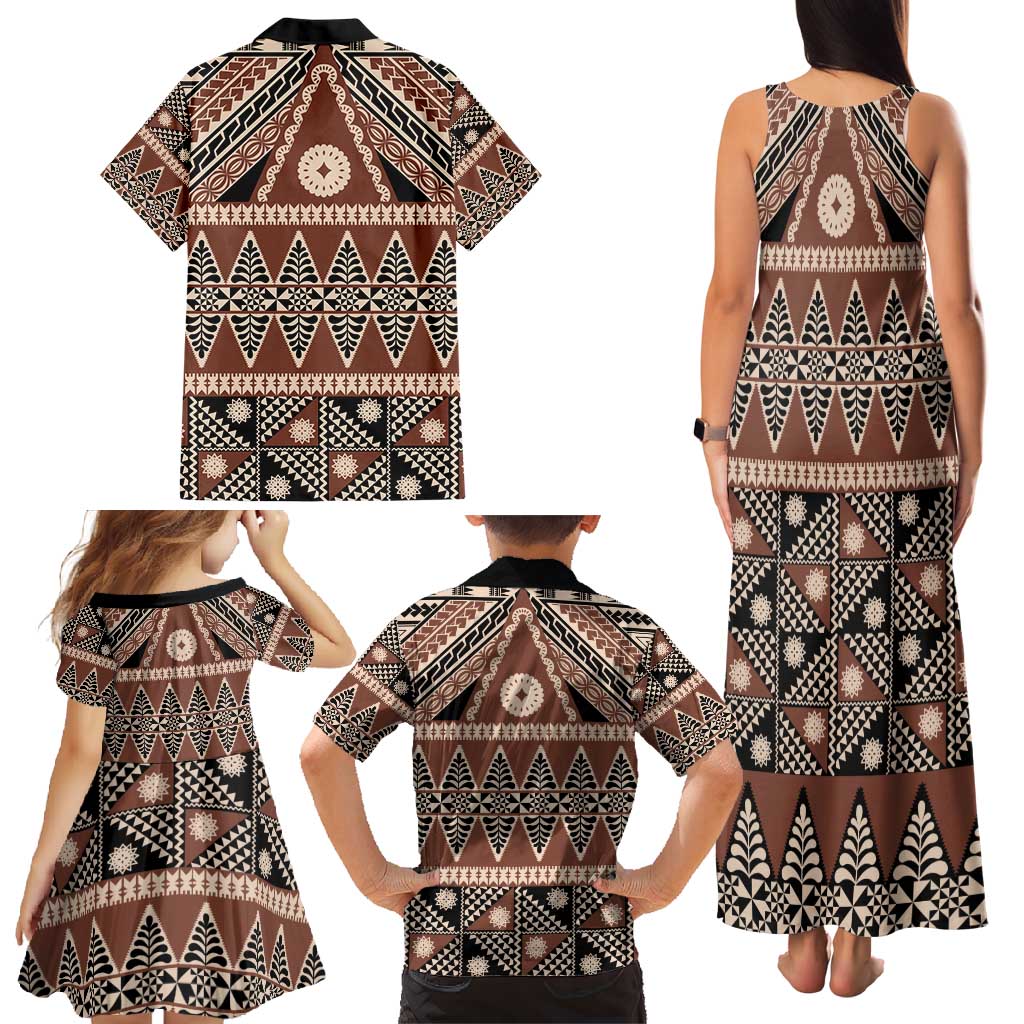 Vintage Bula Fiji Family Matching Tank Maxi Dress and Hawaiian Shirt Brown Tapa Masi Motif