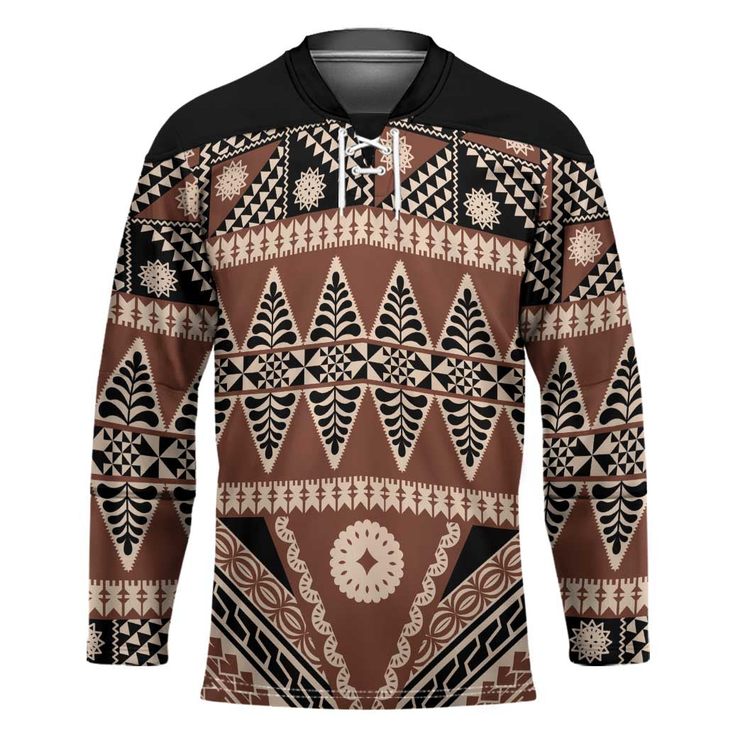 Vintage Bula Fiji Hockey Jersey Brown Tapa Masi Motif - Polynesian Pride