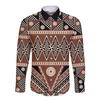 Vintage Bula Fiji Long Sleeve Button Shirt Brown Tapa Masi Motif LT9 Unisex Brown - Polynesian Pride