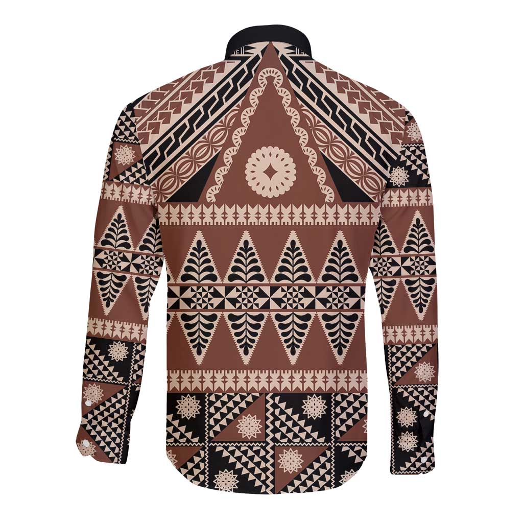 Vintage Bula Fiji Long Sleeve Button Shirt Brown Tapa Masi Motif LT9 - Polynesian Pride