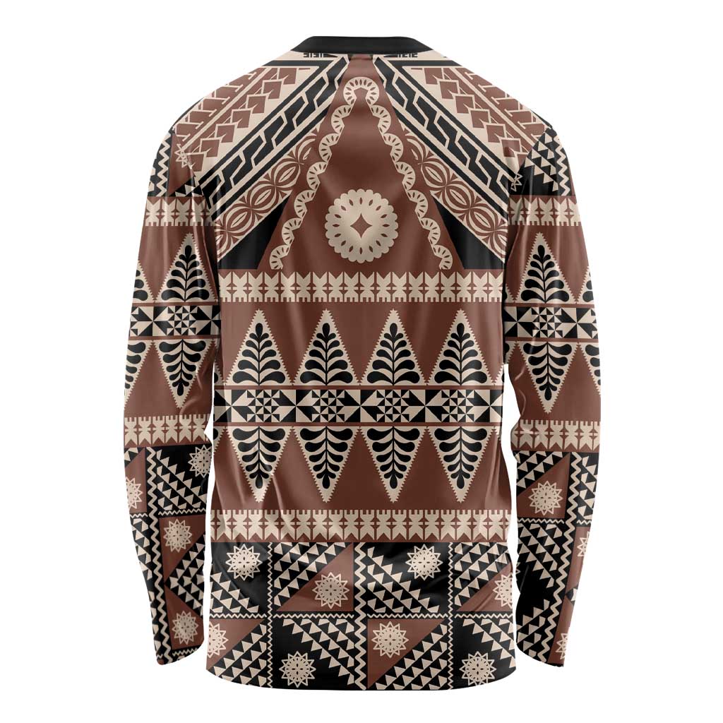 Vintage Bula Fiji Long Sleeve Shirt Brown Tapa Masi Motif LT9 - Polynesian Pride