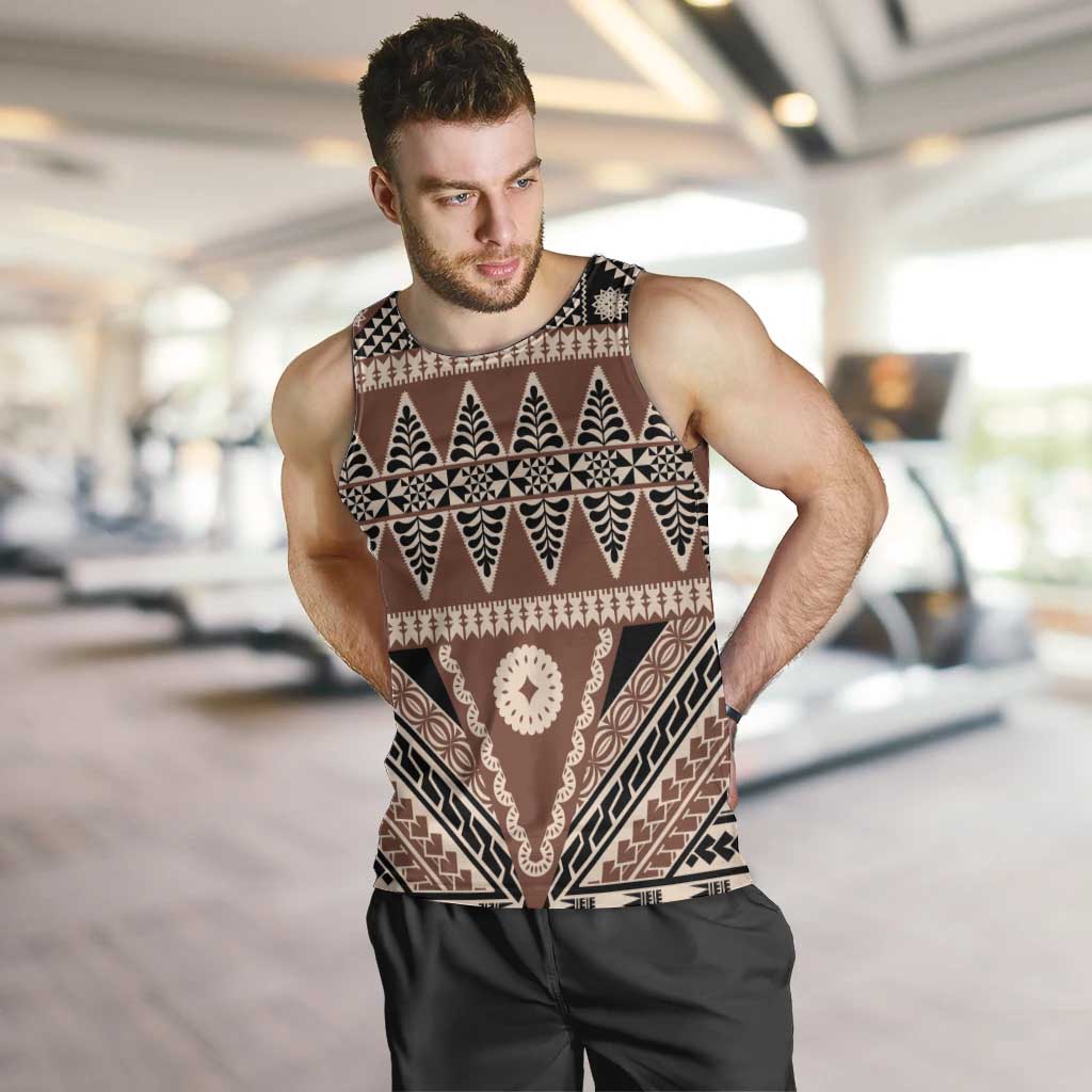 Vintage Bula Fiji Men Tank Top Brown Tapa Masi Motif LT9 Brown - Polynesian Pride