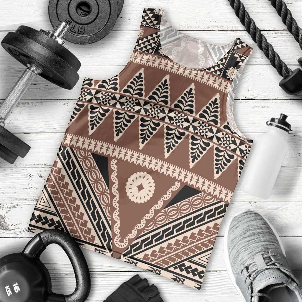 Vintage Bula Fiji Men Tank Top Brown Tapa Masi Motif LT9 - Polynesian Pride