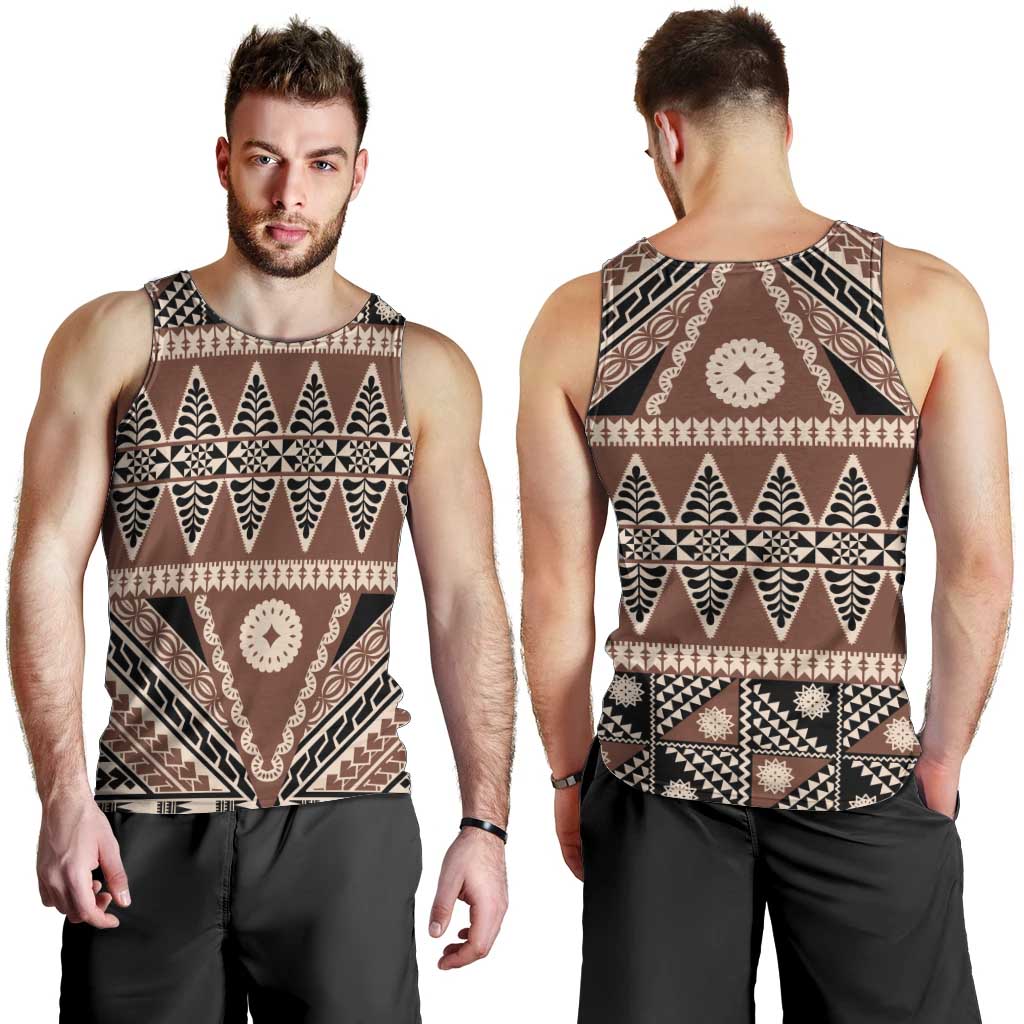 Vintage Bula Fiji Men Tank Top Brown Tapa Masi Motif LT9 - Polynesian Pride