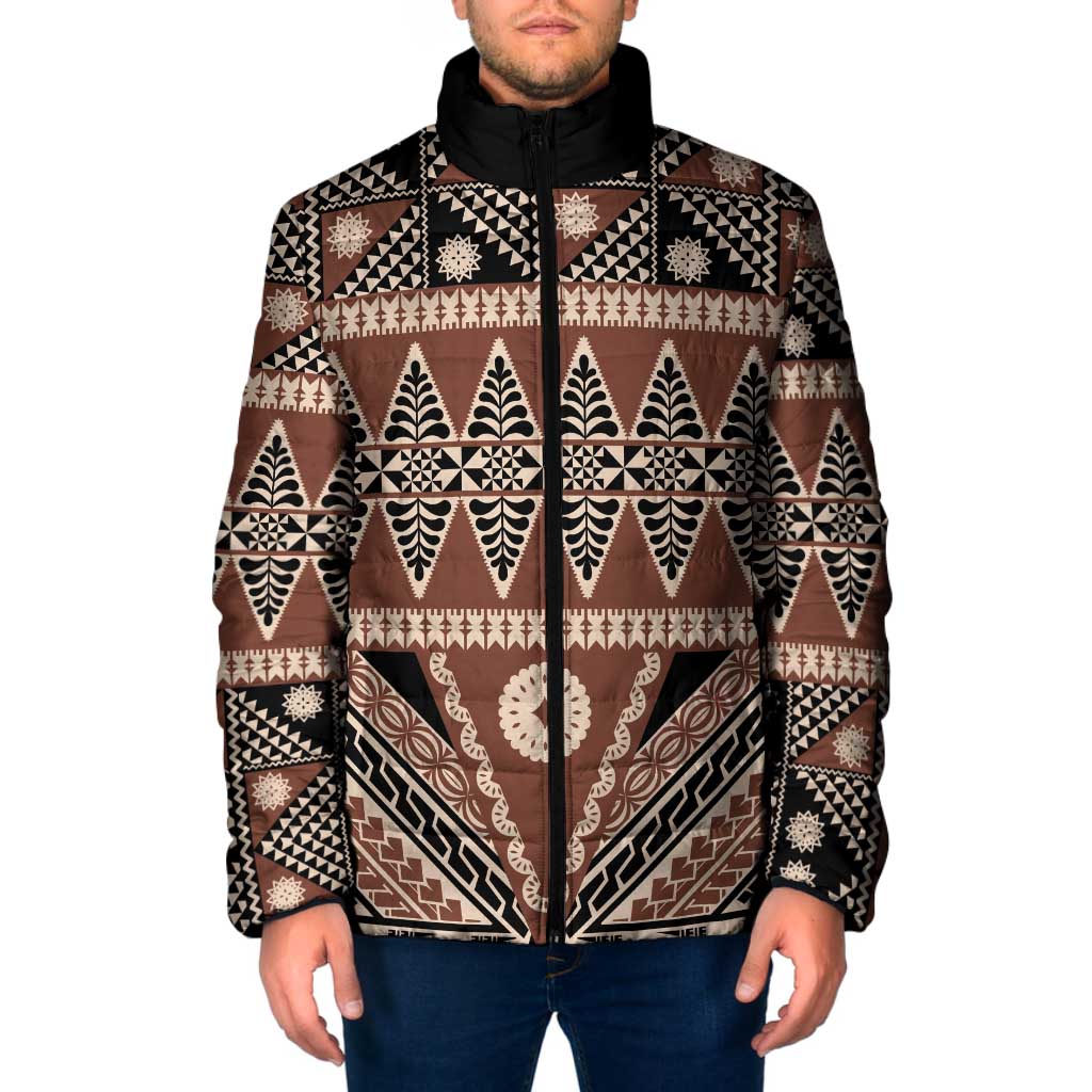 Vintage Bula Fiji Padded Jacket Brown Tapa Masi Motif - Polynesian Pride