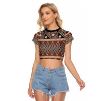 Vintage Bula Fiji Raglan Cropped T Shirt Brown Tapa Masi Motif LT9 Female Brown - Polynesian Pride