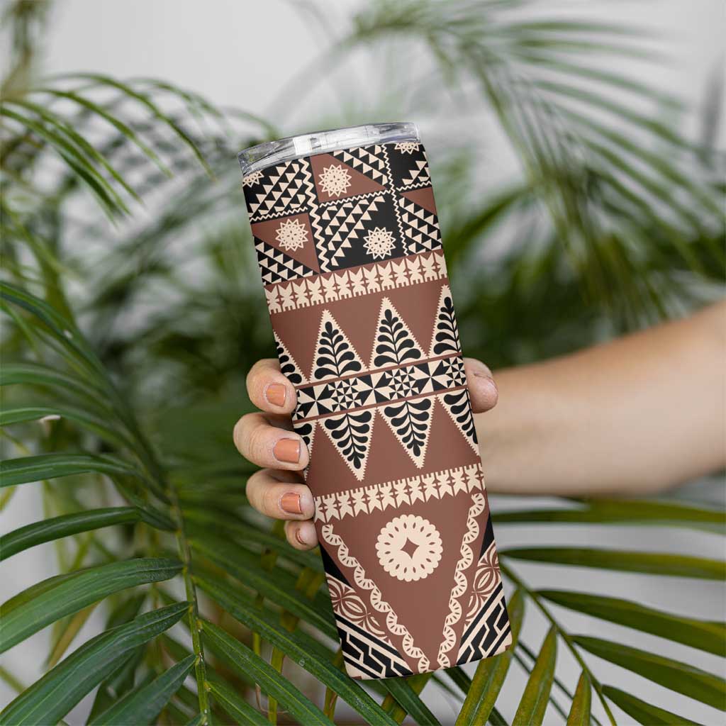Vintage Bula Fiji Skinny Tumbler Brown Tapa Masi Motif