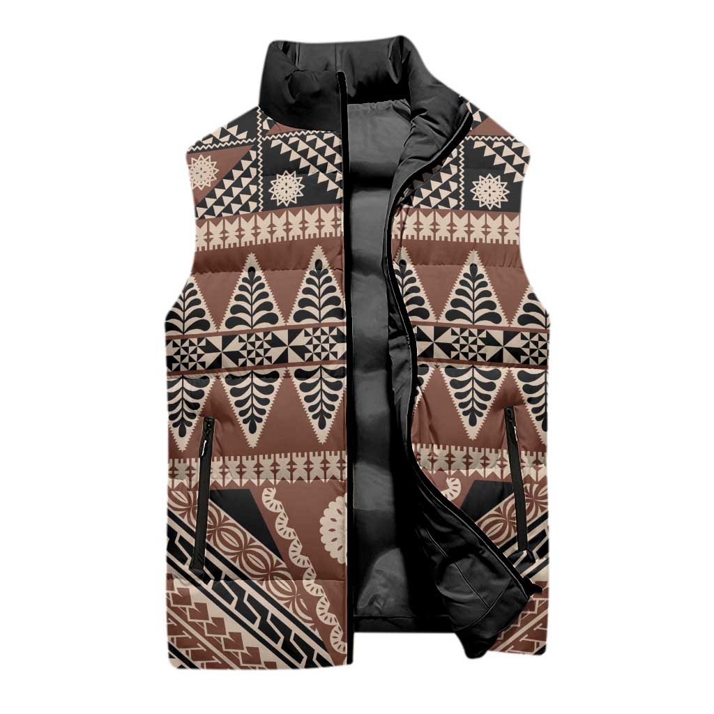 Vintage Bula Fiji Sleeveless Puffer Jacket Brown Tapa Masi Motif - Polynesian Pride