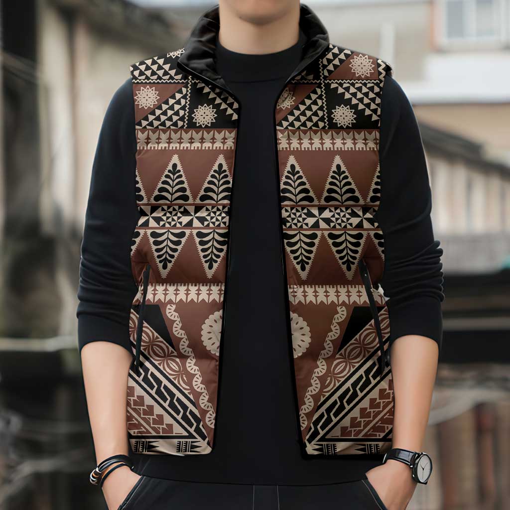 Vintage Bula Fiji Sleeveless Puffer Jacket Brown Tapa Masi Motif - Polynesian Pride