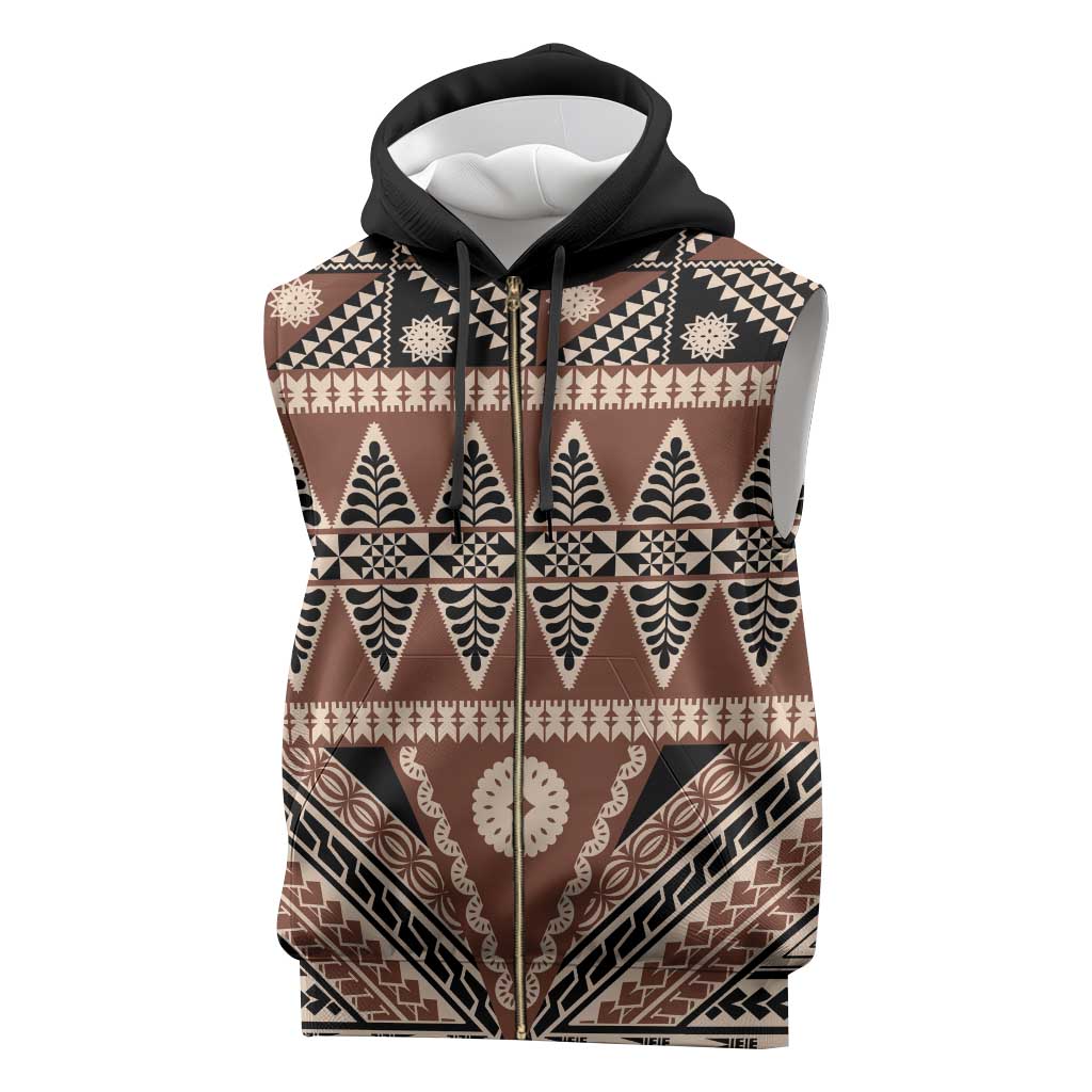 Vintage Bula Fiji Sleeveless Zip Hoodie Brown Tapa Masi Motif - Polynesian Pride