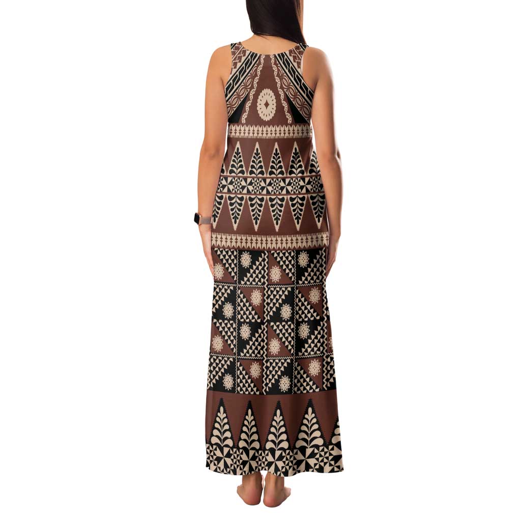 Vintage Bula Fiji Tank Maxi Dress Brown Tapa Masi Motif