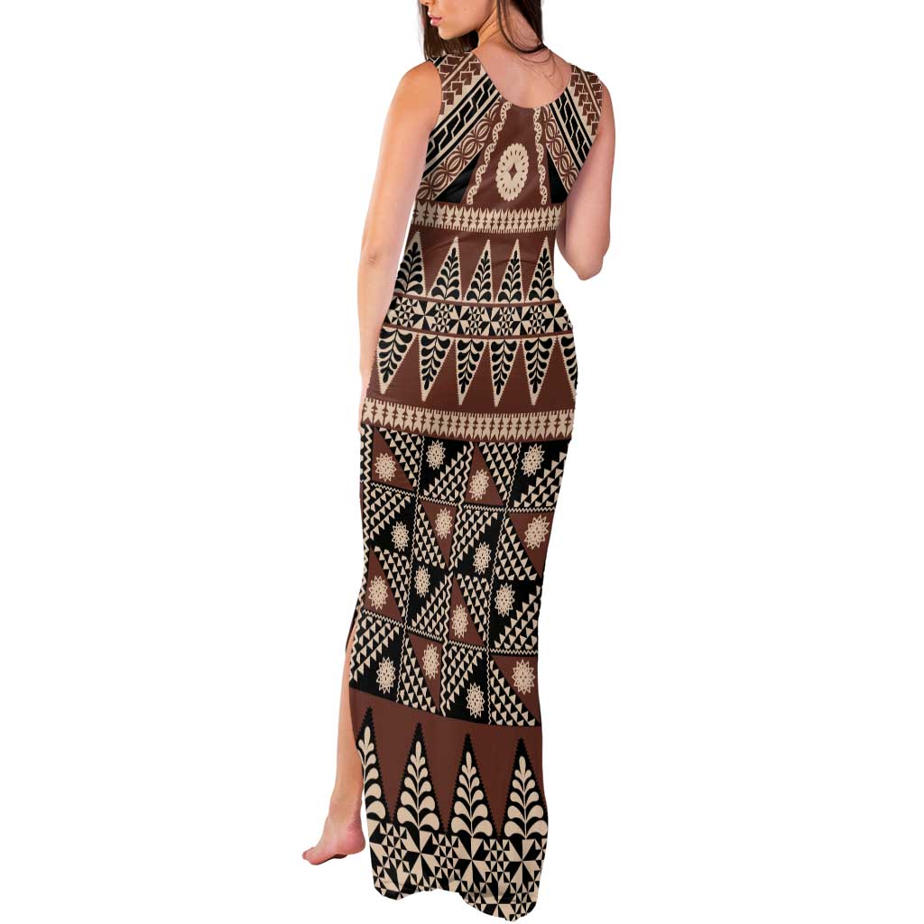 Vintage Bula Fiji Tank Maxi Dress Brown Tapa Masi Motif