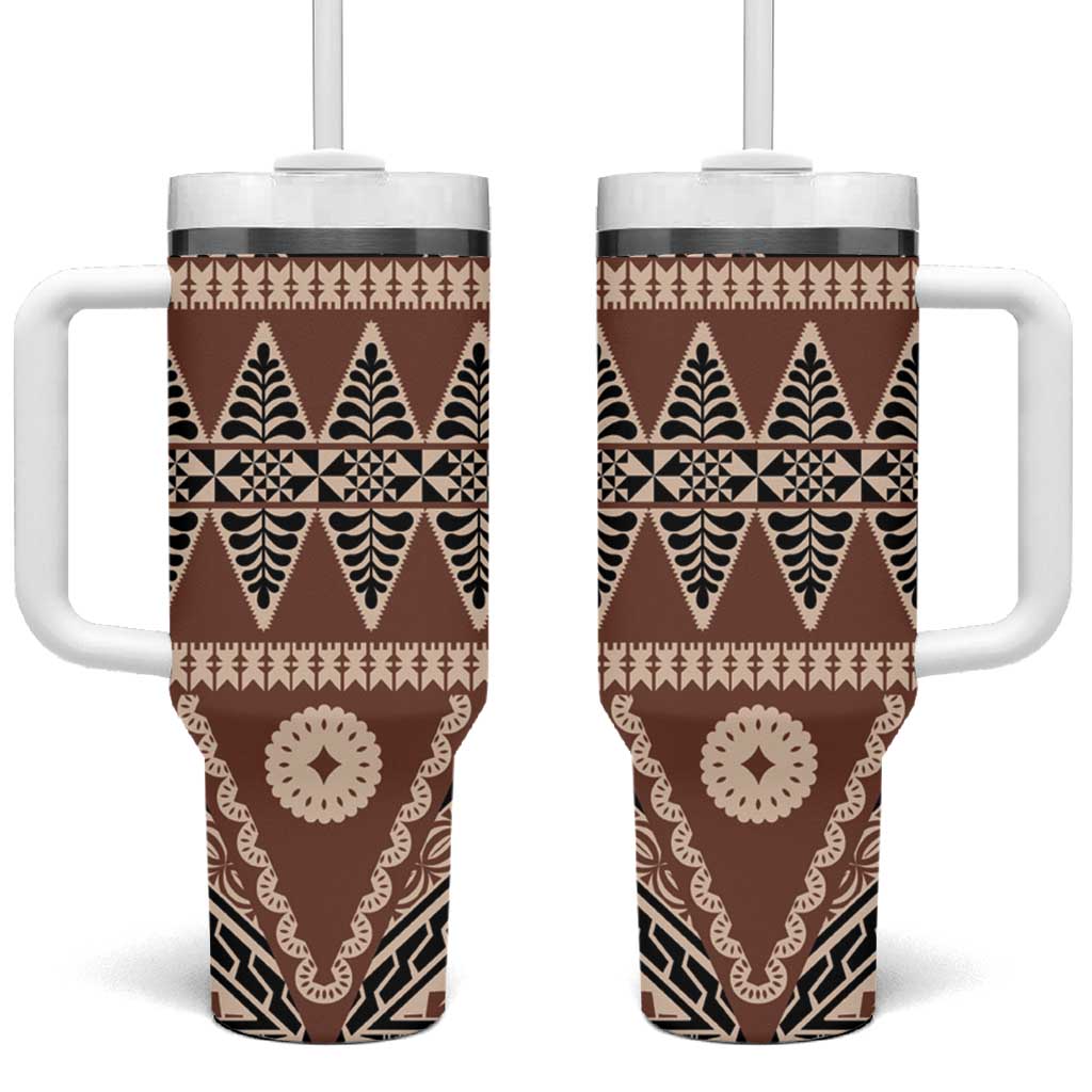 Vintage Bula Fiji Tumbler With Handle Brown Tapa Masi Motif