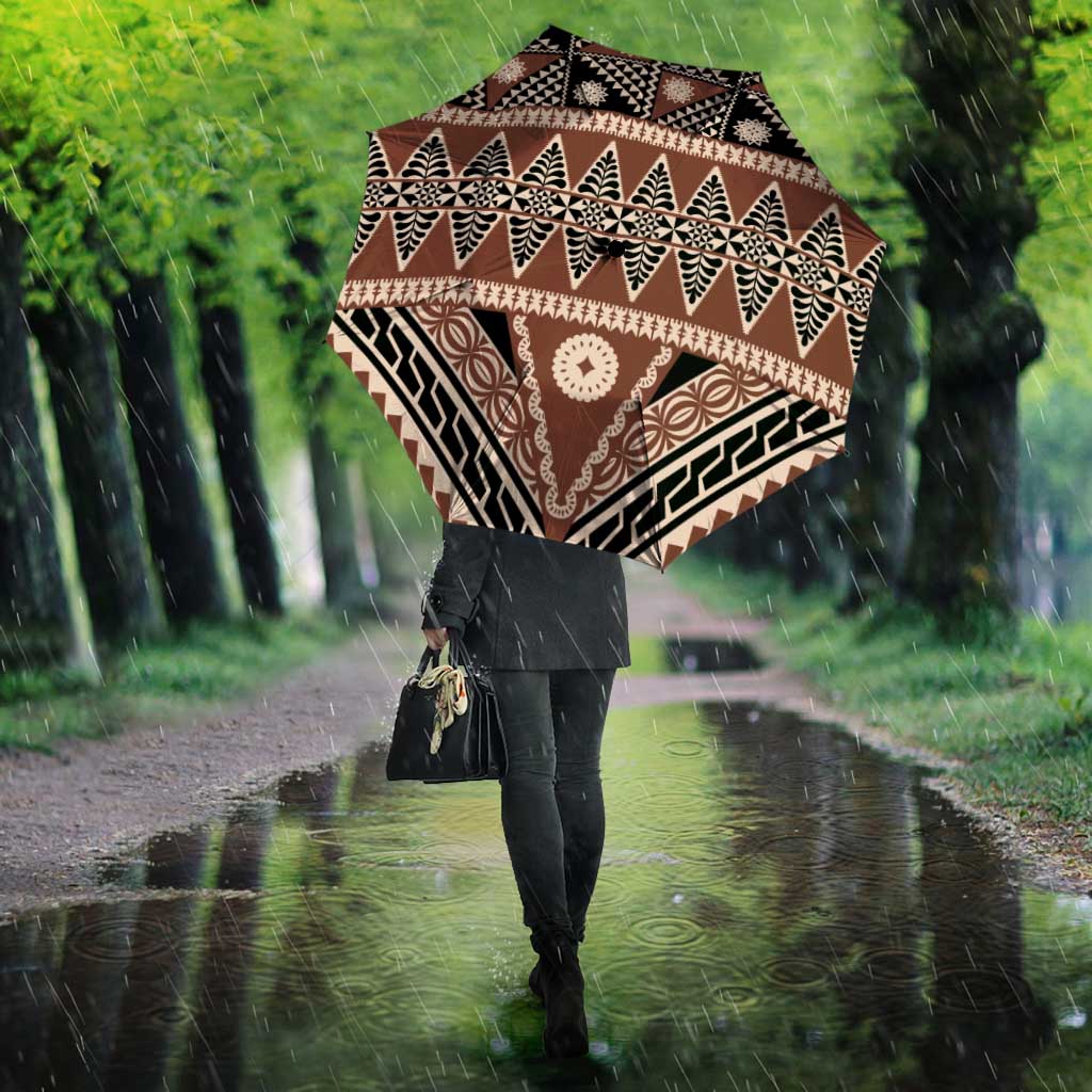 Vintage Bula Fiji Umbrella Brown Tapa Masi Motif - Polynesian Pride