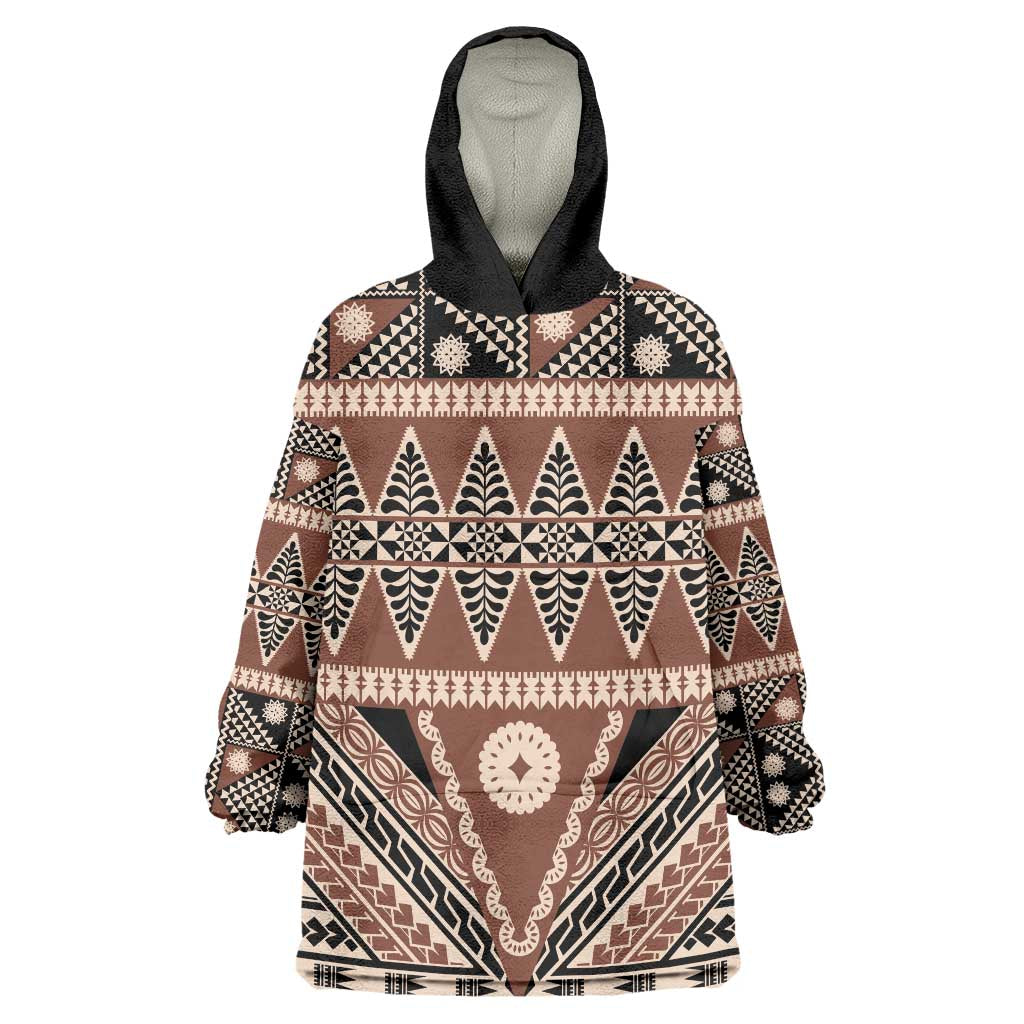 Vintage Bula Fiji Wearable Blanket Hoodie Brown Tapa Masi Motif