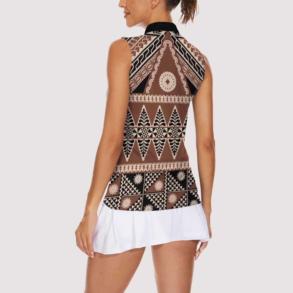 Vintage Bula Fiji Women Sleeveless Polo Shirt Brown Tapa Masi Motif