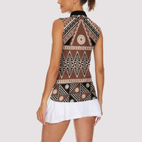 Vintage Bula Fiji Women Sleeveless Polo Shirt Brown Tapa Masi Motif