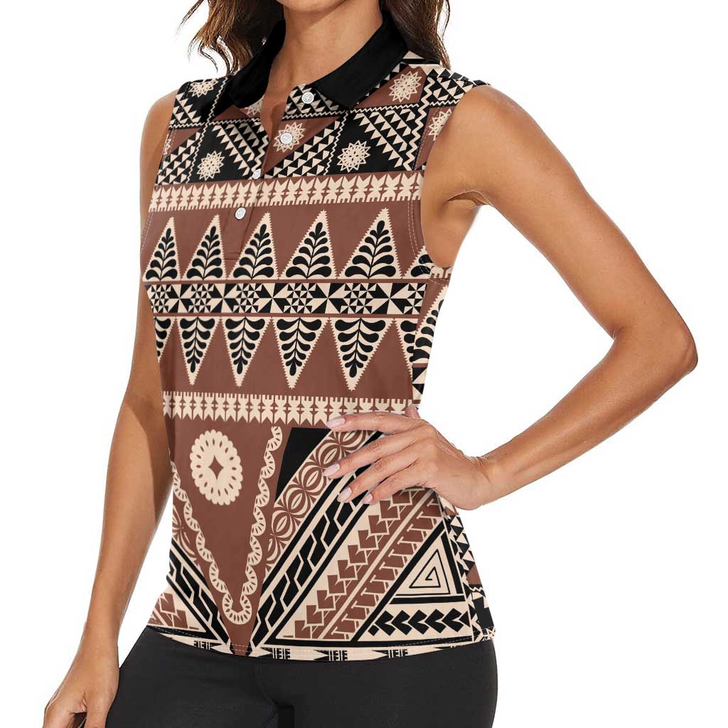 Vintage Bula Fiji Women Sleeveless Polo Shirt Brown Tapa Masi Motif