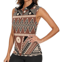 Vintage Bula Fiji Women Sleeveless Polo Shirt Brown Tapa Masi Motif