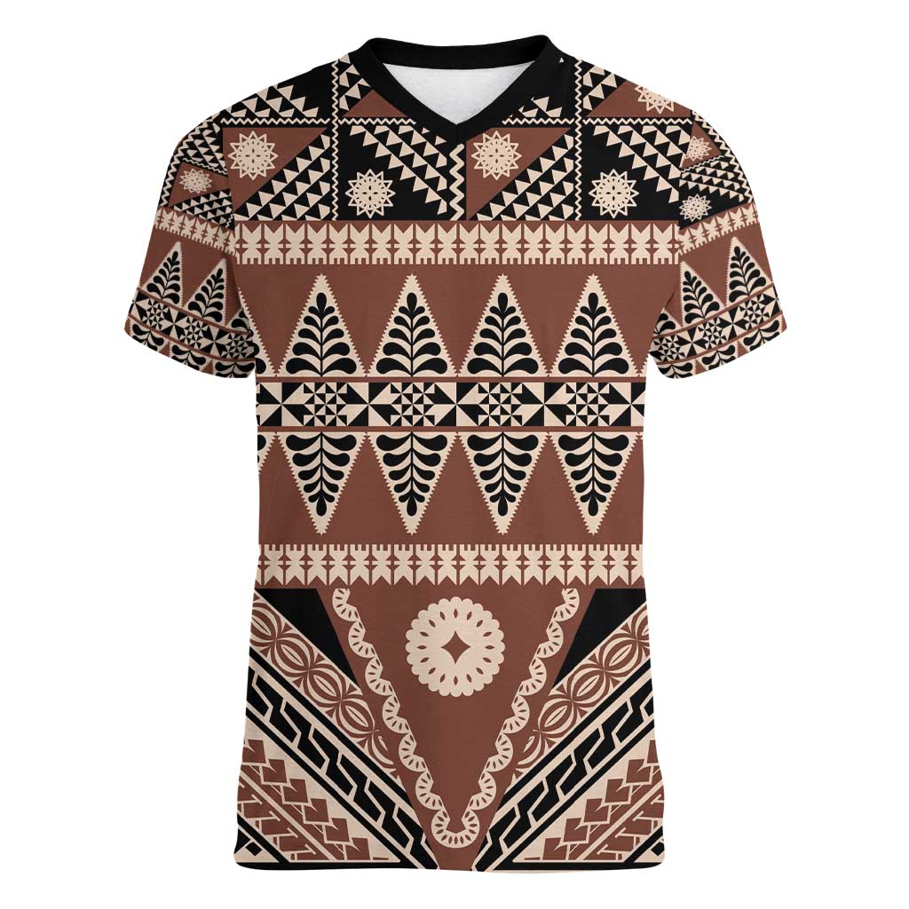 Vintage Bula Fiji Women V-Neck T-Shirt Brown Tapa Masi Motif LT9 Female Brown - Polynesian Pride