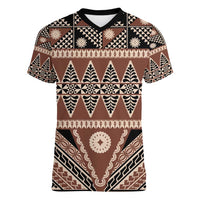 Vintage Bula Fiji Women V-Neck T-Shirt Brown Tapa Masi Motif LT9 Female Brown - Polynesian Pride