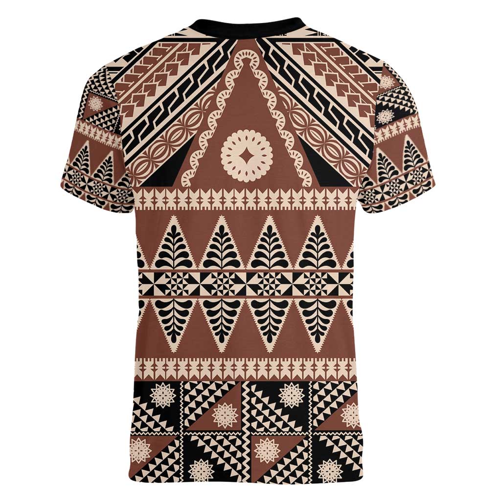 Vintage Bula Fiji Women V-Neck T-Shirt Brown Tapa Masi Motif LT9 - Polynesian Pride