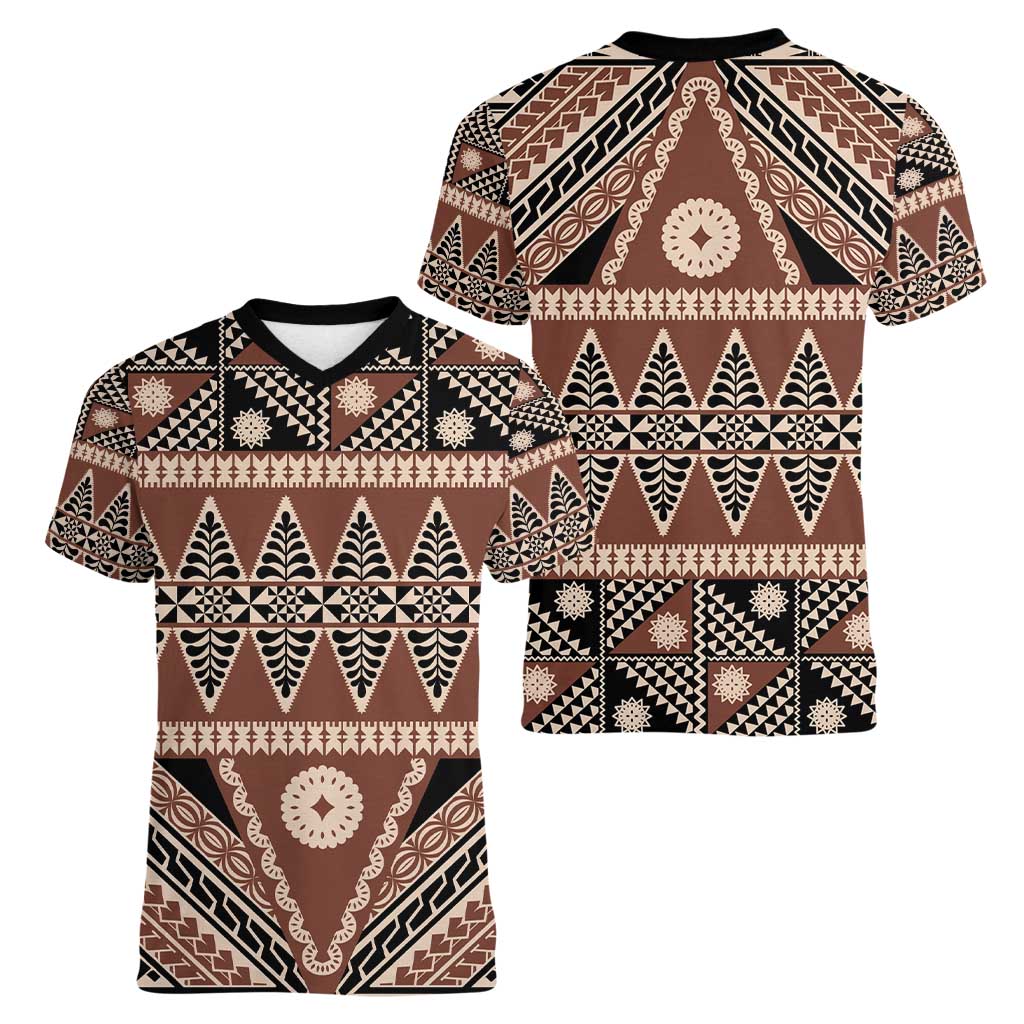 Vintage Bula Fiji Women V-Neck T-Shirt Brown Tapa Masi Motif LT9 - Polynesian Pride