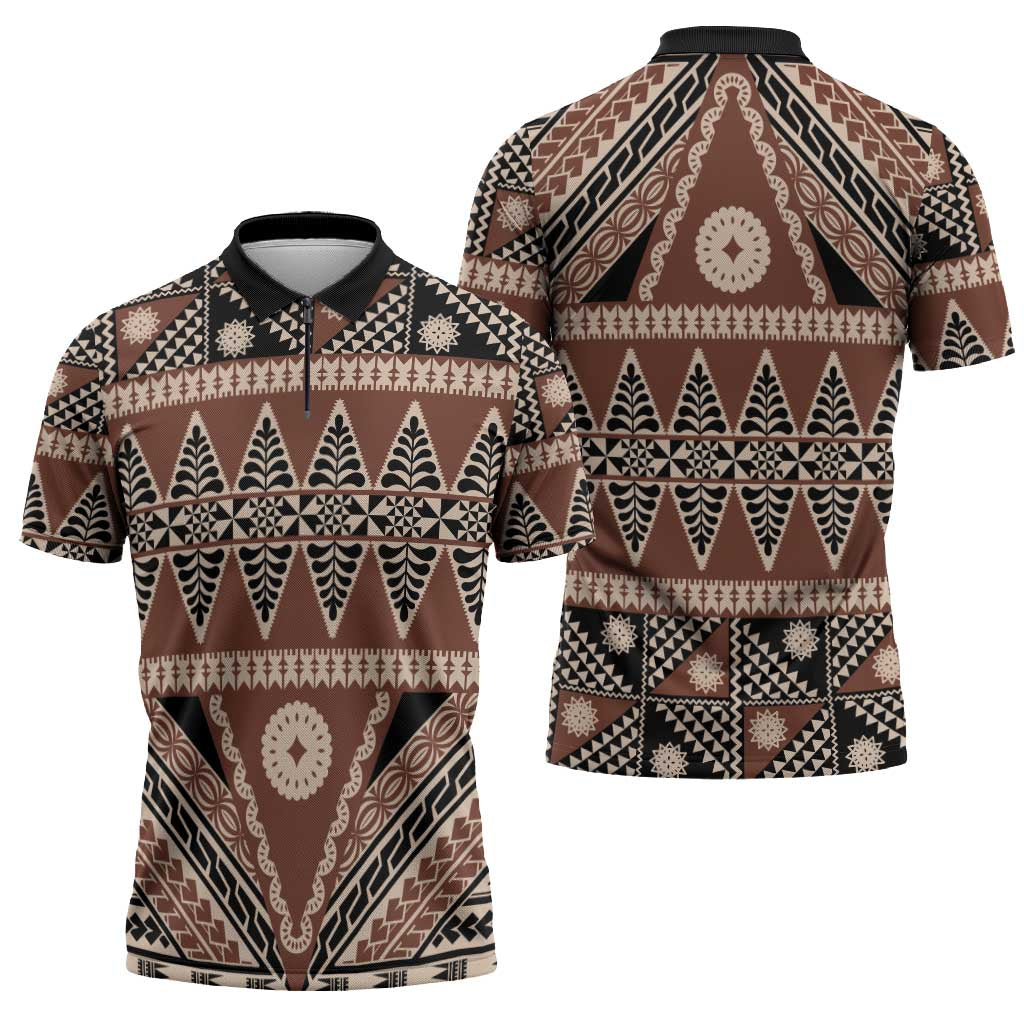 Vintage Bula Fiji Zipper Polo Shirt Brown Tapa Masi Motif - Polynesian Pride