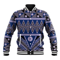 Vintage Bula Fiji Baseball Jacket Prussian Blue Tapa Masi Motif LT9 Unisex Blue - Polynesian Pride