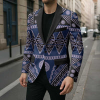 Vintage Bula Fiji Blazer Prussian Blue Tapa Masi Motif - Polynesian Pride