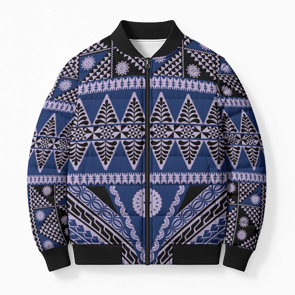 Vintage Bula Fiji Bomber Puffer Jacket Prussian Blue Tapa Masi Motif LT9 Unisex Blue - Polynesian Pride