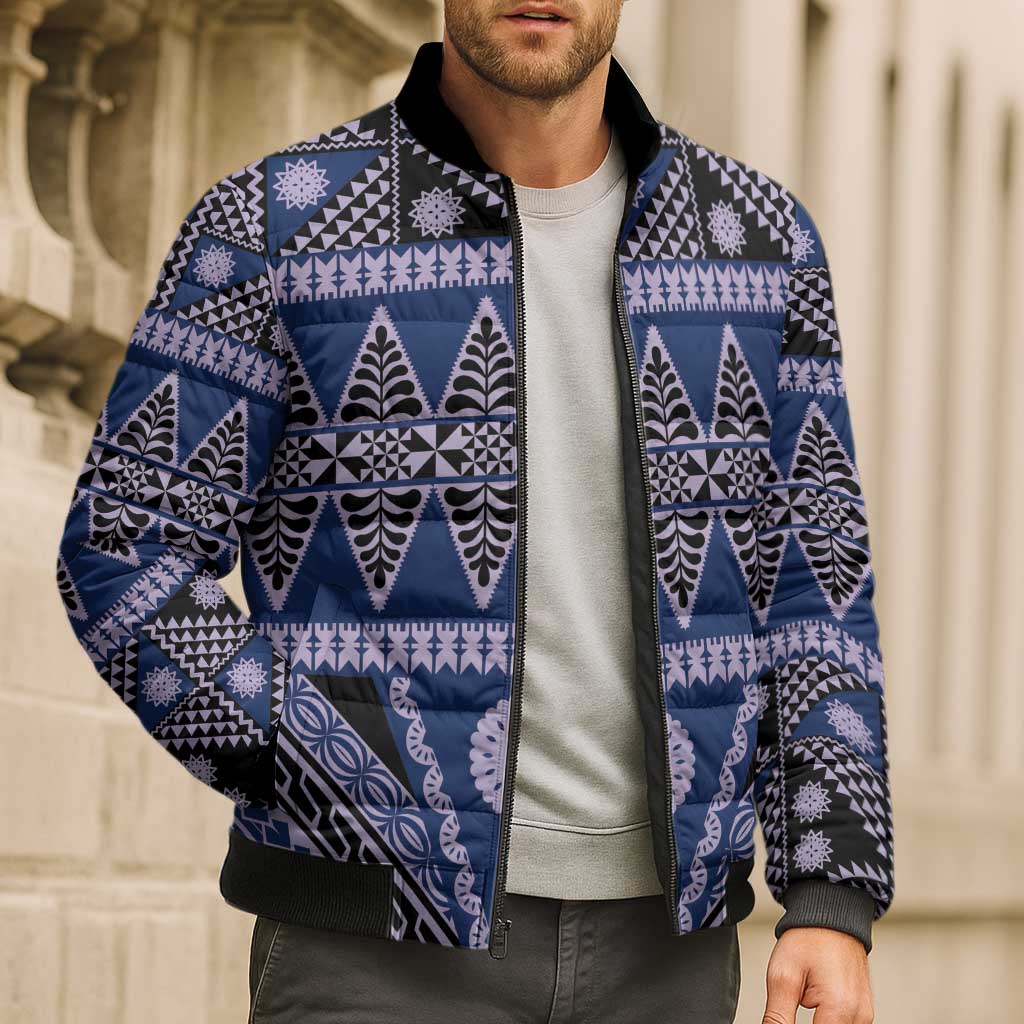 Vintage Bula Fiji Bomber Puffer Jacket Prussian Blue Tapa Masi Motif LT9 - Polynesian Pride