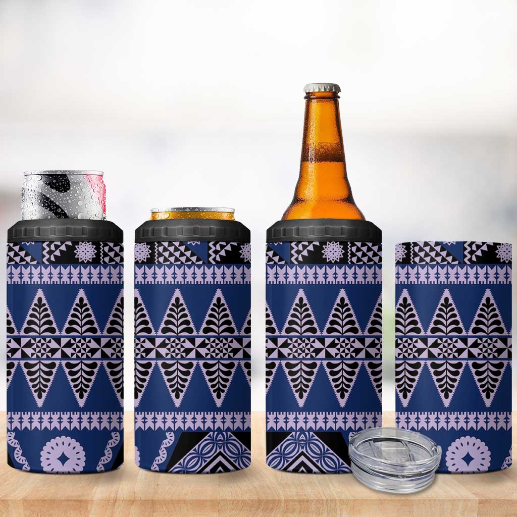Vintage Bula Fiji 4 in 1 Can Cooler Tumbler Prussian Blue Tapa Masi Motif