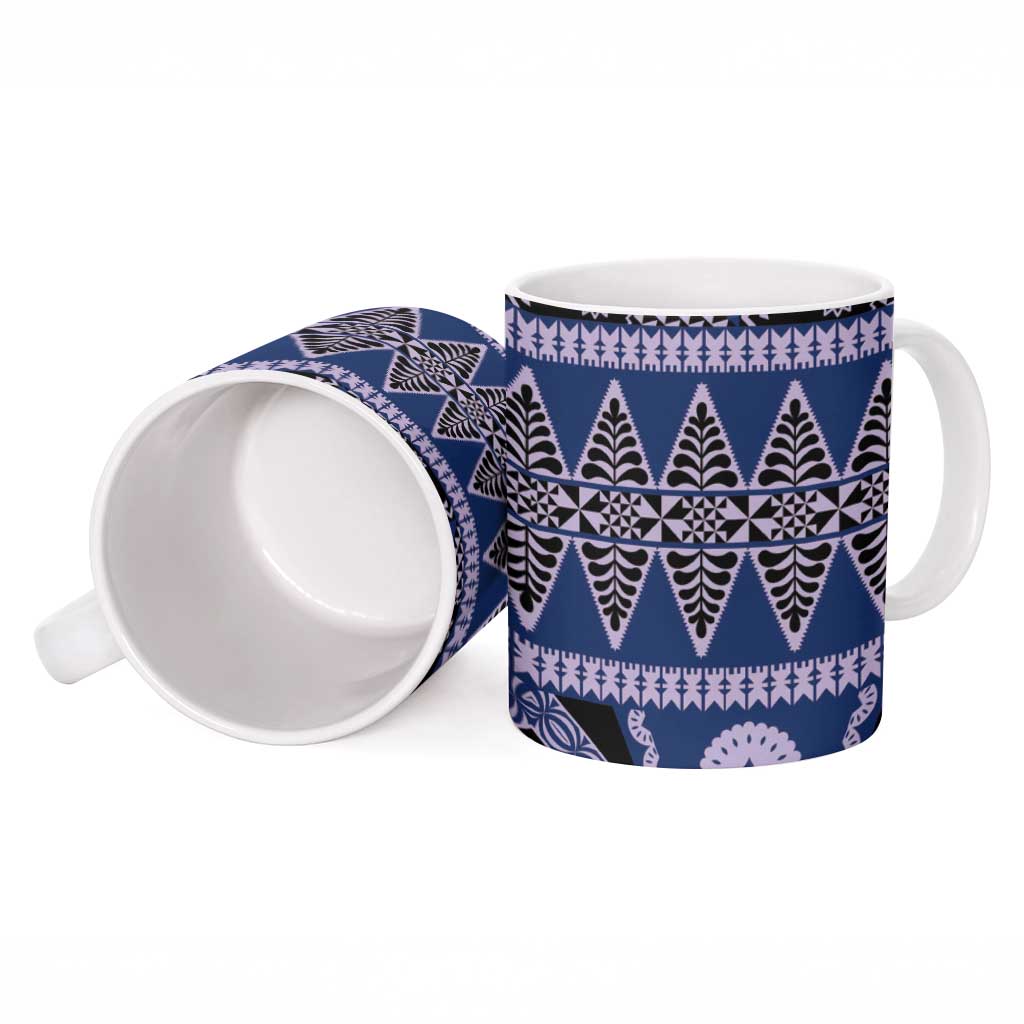 Vintage Bula Fiji Ceramic Mug Prussian Blue Tapa Masi Motif - Polynesian Pride