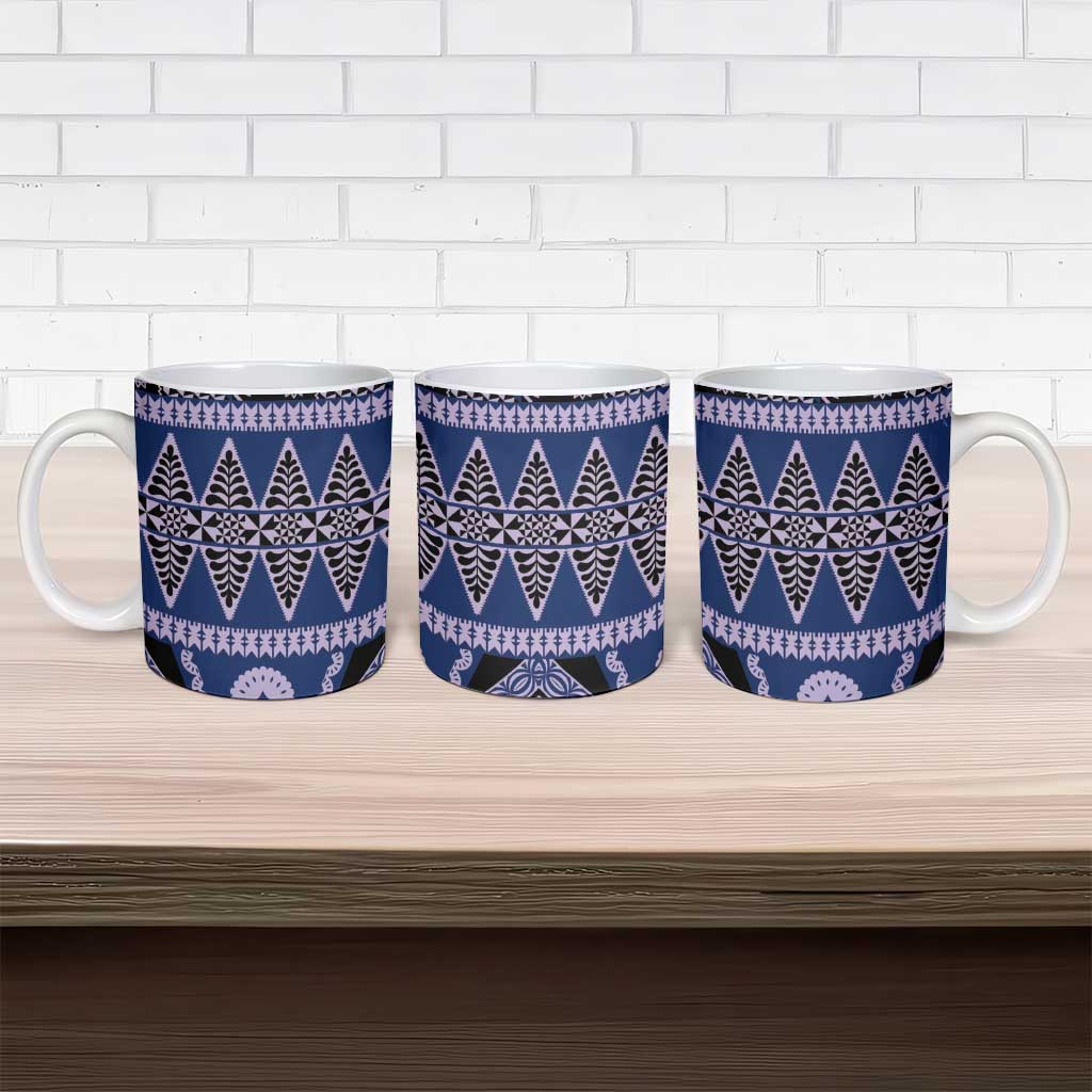 Vintage Bula Fiji Ceramic Mug Prussian Blue Tapa Masi Motif - Polynesian Pride